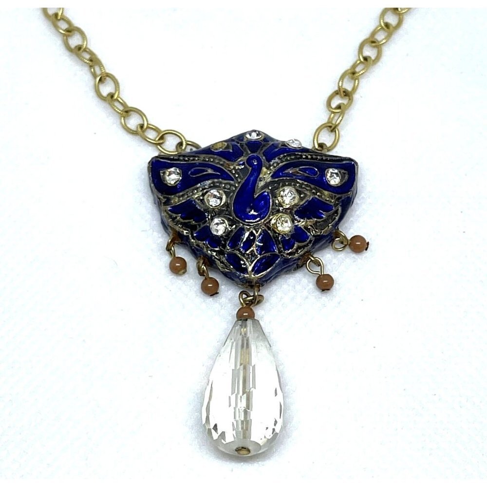 David Aubrey Teardrop Crystal Enamel Peacock Pendant Chain Necklace 21 Inches